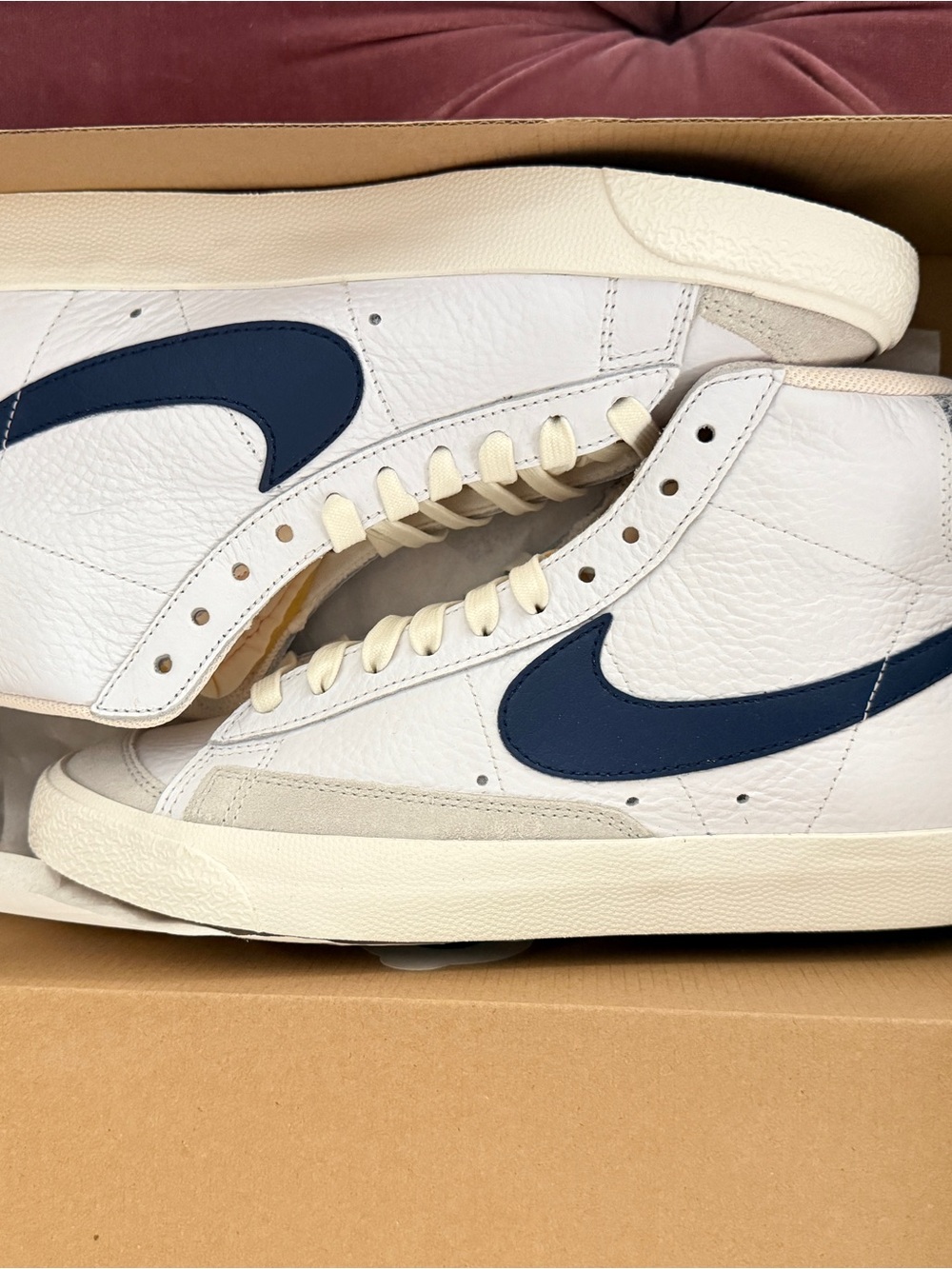 Nike Men’s White Leather High-Top Sneakers with Navy Swoosh